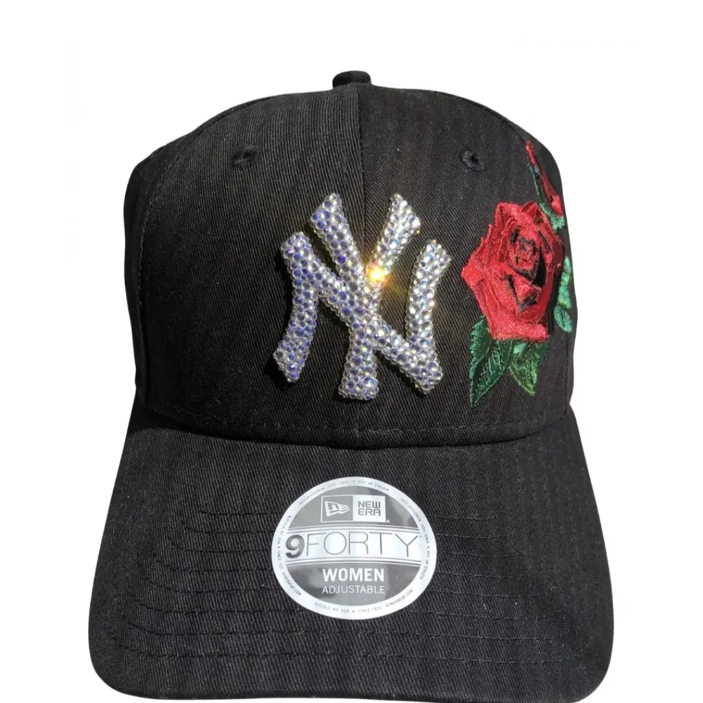 New Era Black Cap with Red Rose and Silver Logo